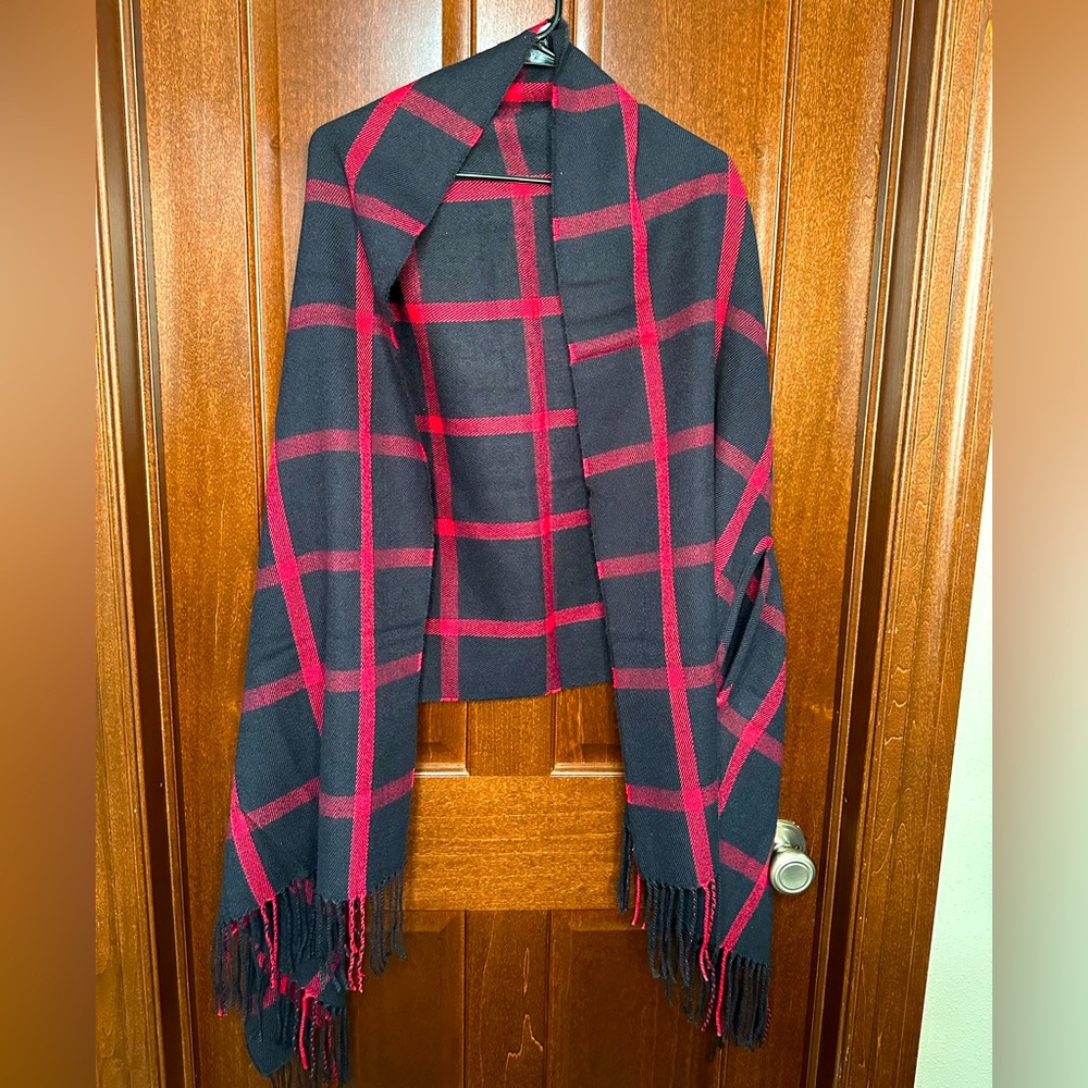 J. Crew Plaid Cape Wrap Scarf-One Size-Buffalo Plaid with Red and Blue Fringe